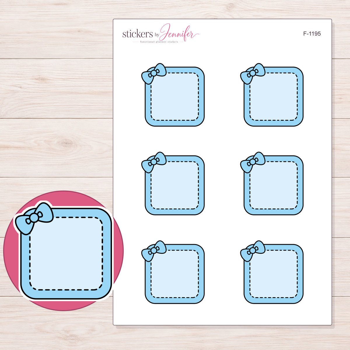 Blue Stitched Square Bow Label Planner Stickers | F-1195 — 5 × 7 inch sheet and enlarged sticker detail