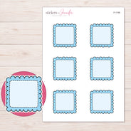 Blue Scalloped Stitched Square Planner Stickers | F-1196 — 5 × 7 inch sheet and enlarged sticker detail