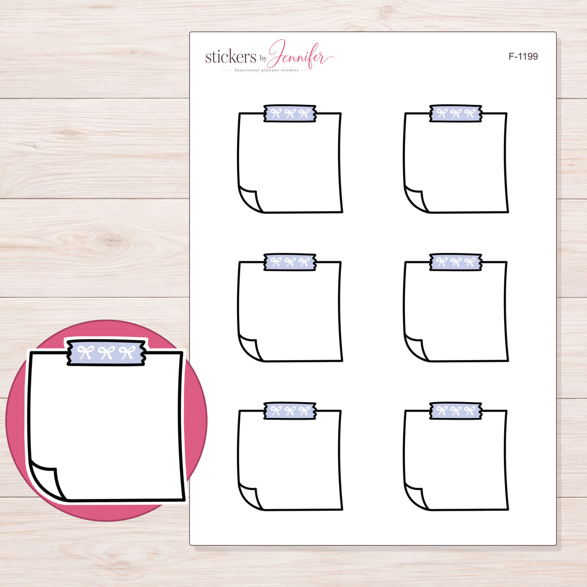 Lavender Bow-Tape Note Planner Stickers | F-1199 — 5 × 7 inch sheet and enlarged sticker detail