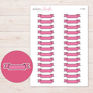 Pink Scroll Banner Label Planner Stickers | F-1201 — 5 × 7 inch sheet and enlarged sticker detail