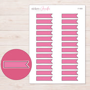 Pink Single-Notch Banner Label Planner Stickers | F-1203 — 5 × 7 inch sheet and enlarged sticker detail