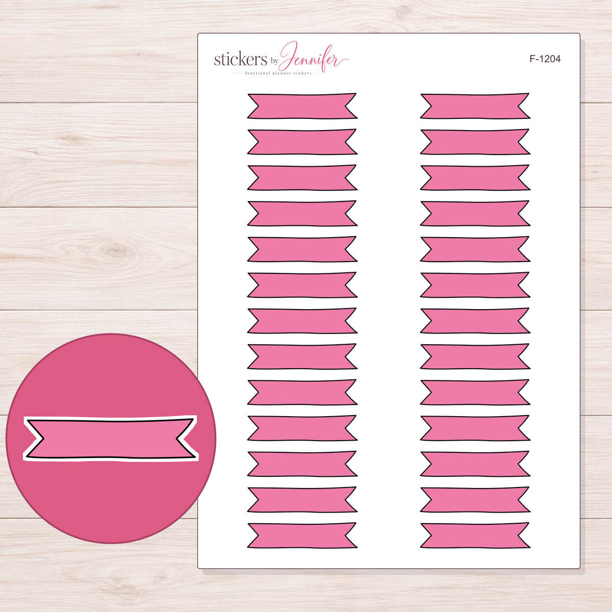 Pink Double-Notch Banner Label Planner Stickers | F-1204 — 5 × 7 inch sheet and enlarged sticker detail