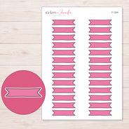 Pink Double-Notch Banner Label Planner Stickers | F-1204 — 5 × 7 inch sheet and enlarged sticker detail