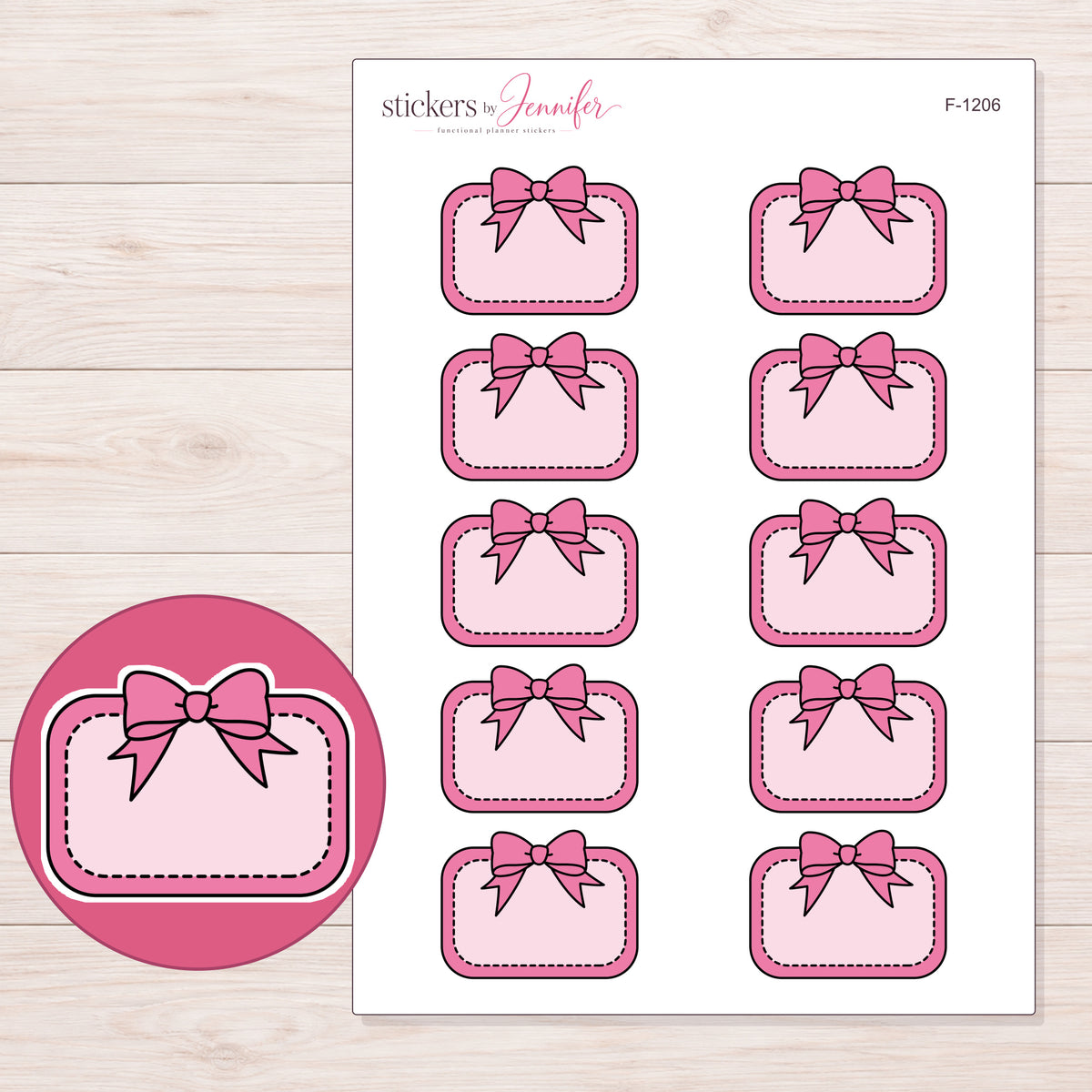 Pink Bow Half Box Label Planner Stickers | F-1206 — 5 × 7 inch sheet and enlarged sticker detail