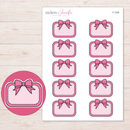 Pink Bow Half Box Label Planner Stickers | F-1206 — 5 × 7 inch sheet and enlarged sticker detail