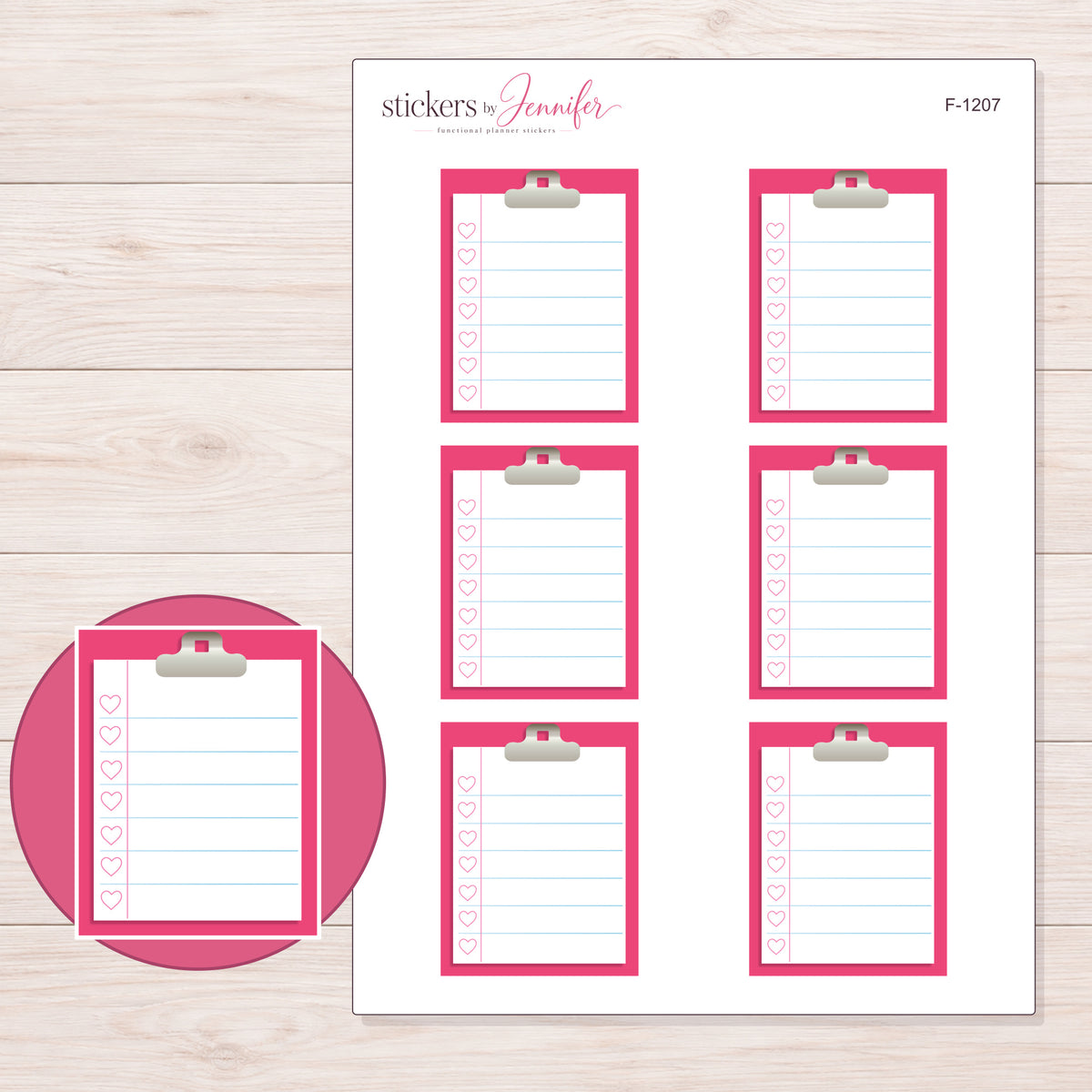 Pink Clipboard Checklist Planner Stickers | F-1207 — 5 × 7 inch sheet and enlarged sticker detail