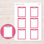 Pink Clipboard Checklist Planner Stickers | F-1207 — 5 × 7 inch sheet and enlarged sticker detail