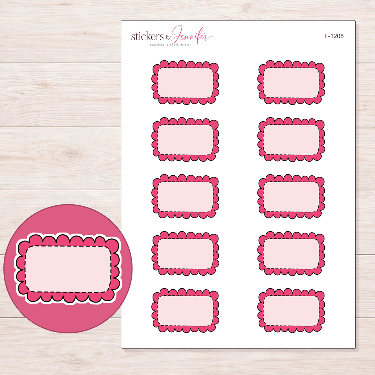 Pink Doodle Scallop Half Box Planner Stickers | F-1208 — 5 × 7 inch sheet and enlarged sticker detail