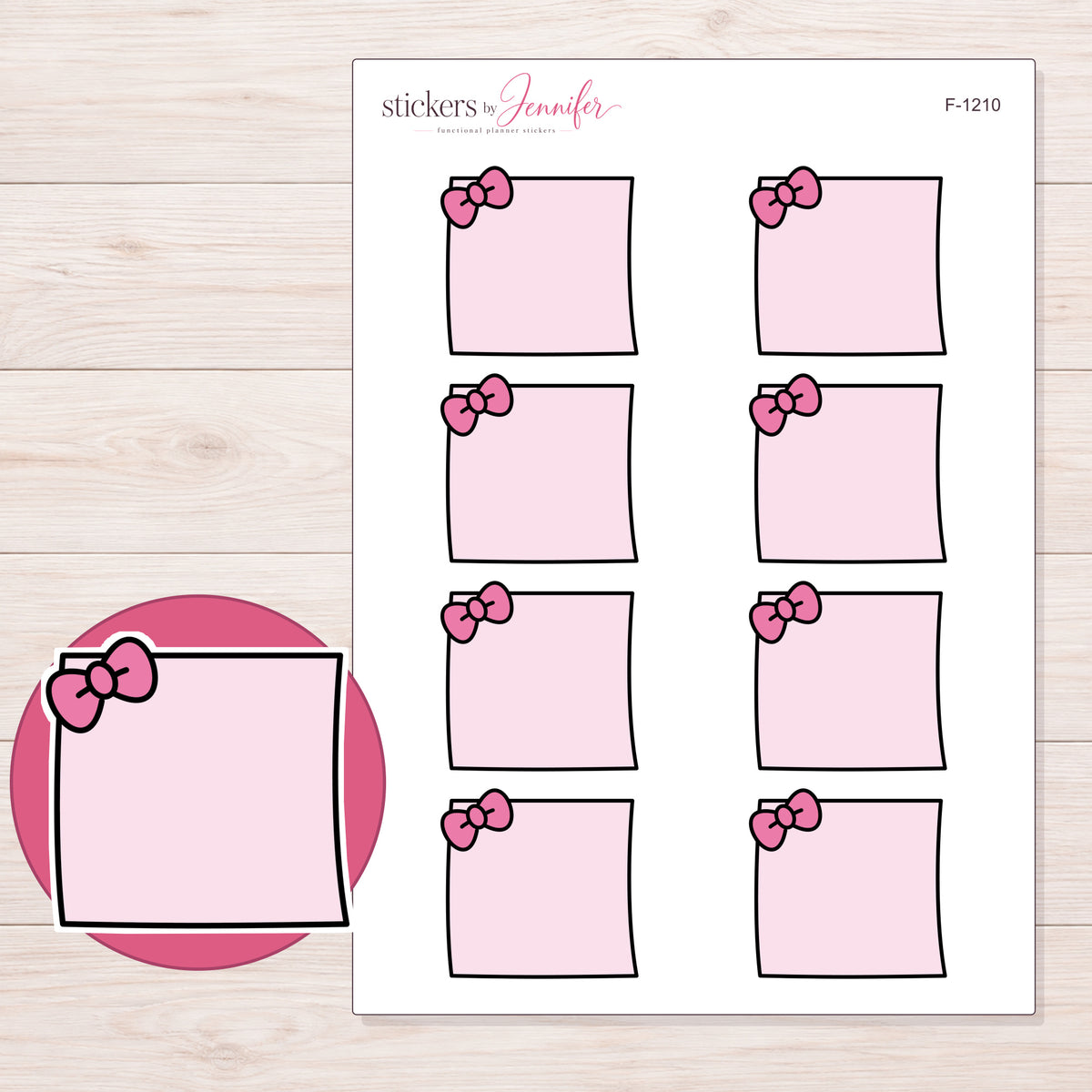 Pink Bow Note Planner Stickers | F-1210 — 5 × 7 inch sheet and enlarged sticker detail