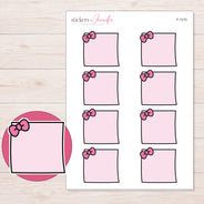 Pink Bow Note Planner Stickers | F-1210 — 5 × 7 inch sheet and enlarged sticker detail