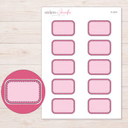 Pink Stitched Half Box Label Planner Stickers | F-1211 — 5 × 7 inch sheet and enlarged sticker detail