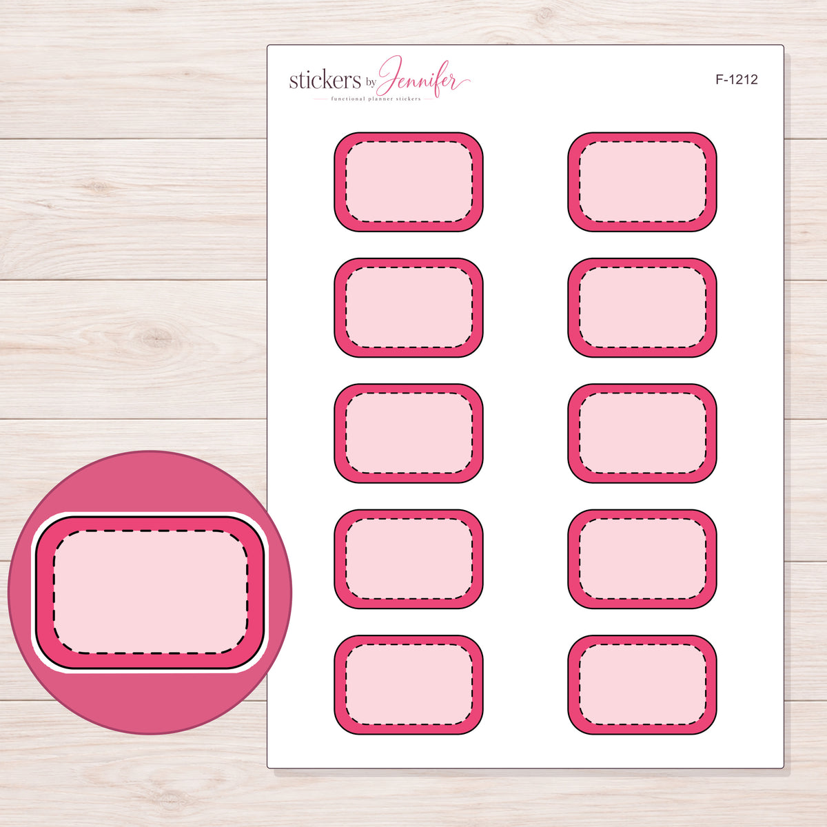 Pink Doodle Stitched Half Box Planner Stickers | F-1212 — 5 × 7 inch sheet and enlarged sticker detail