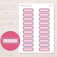 Pink Stitched Quarter Box Label Planner Stickers | F-1213 — 5 × 7 inch sheet and enlarged sticker detail