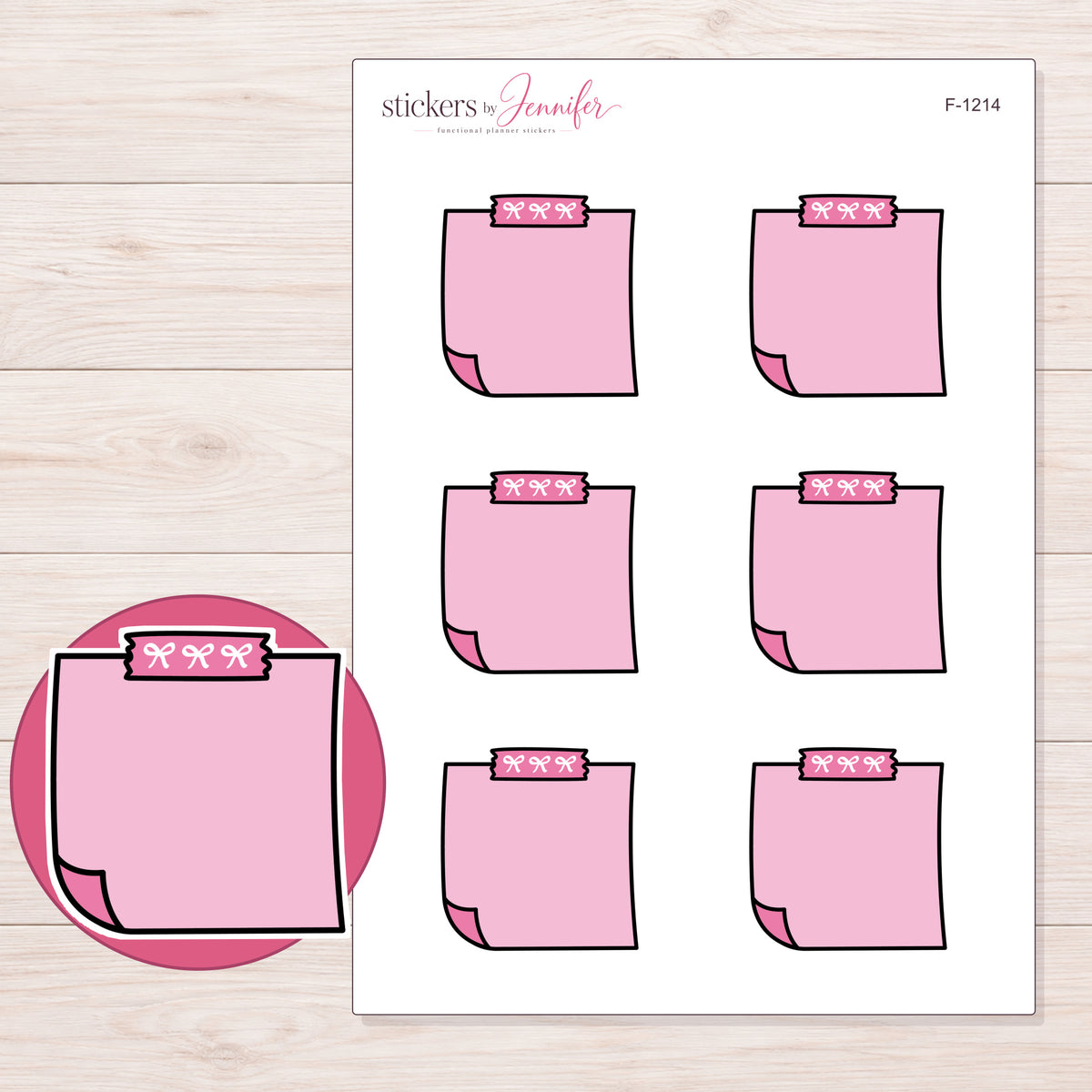Pink Top-Tape Note Planner Stickers | F-1214 — 5 × 7 inch sheet and enlarged sticker detail