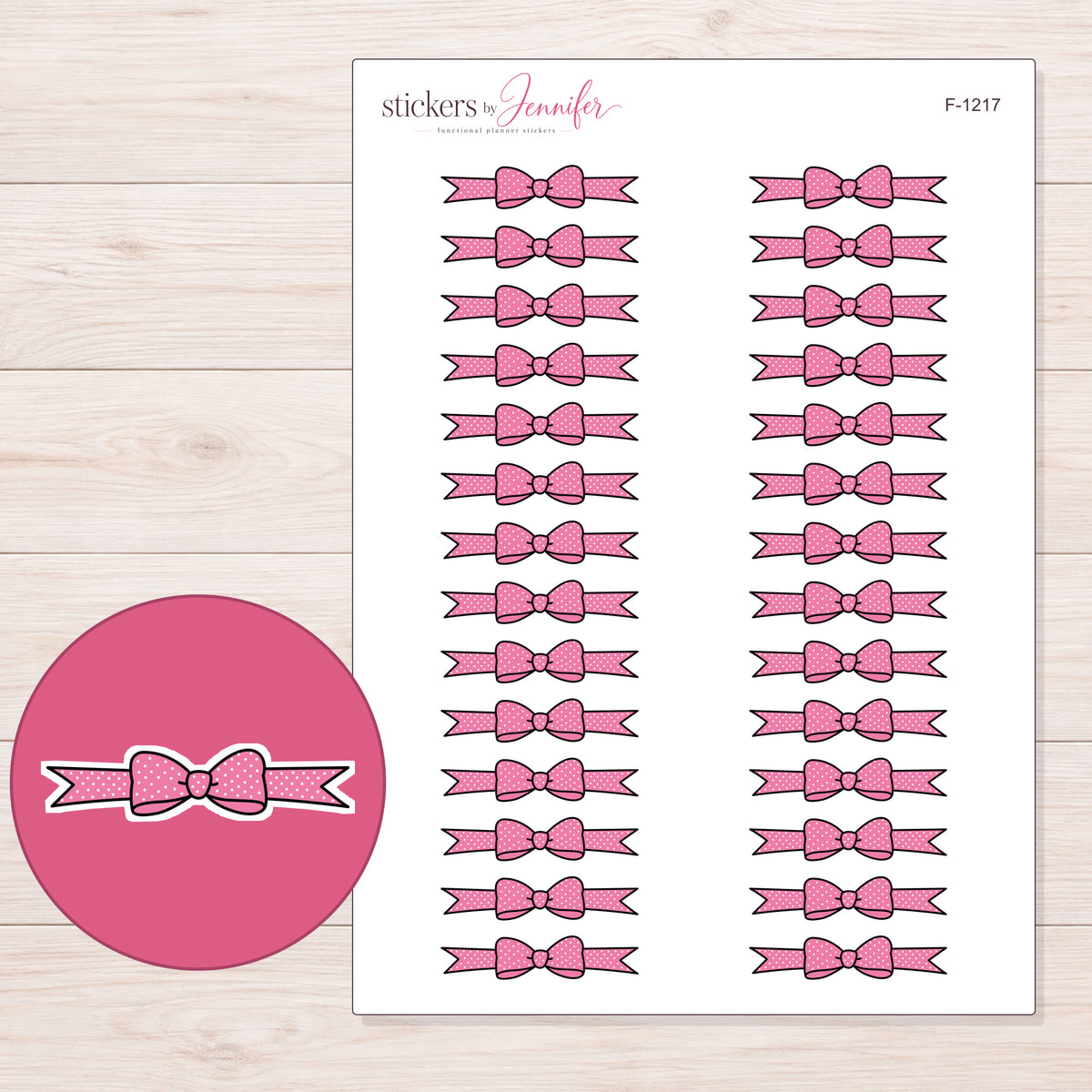 Pink Polka Dot Bow Divider Planner Stickers | F-1217 — 5 × 7 inch sheet and enlarged sticker detail