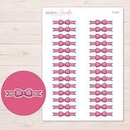 Pink Polka Dot Bow Divider Planner Stickers | F-1217 — 5 × 7 inch sheet and enlarged sticker detail
