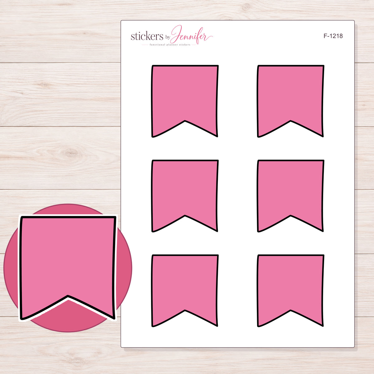 Pink Fishtail Flag Planner Stickers | F-1218 — 5 × 7 inch sheet and enlarged sticker detail