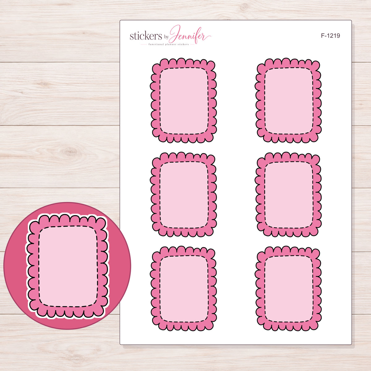 Pink Scalloped Full Box Planner Stickers | F-1219 — 5 × 7 inch sheet and enlarged sticker detail