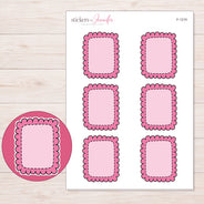 Pink Scalloped Full Box Planner Stickers | F-1219 — 5 × 7 inch sheet and enlarged sticker detail