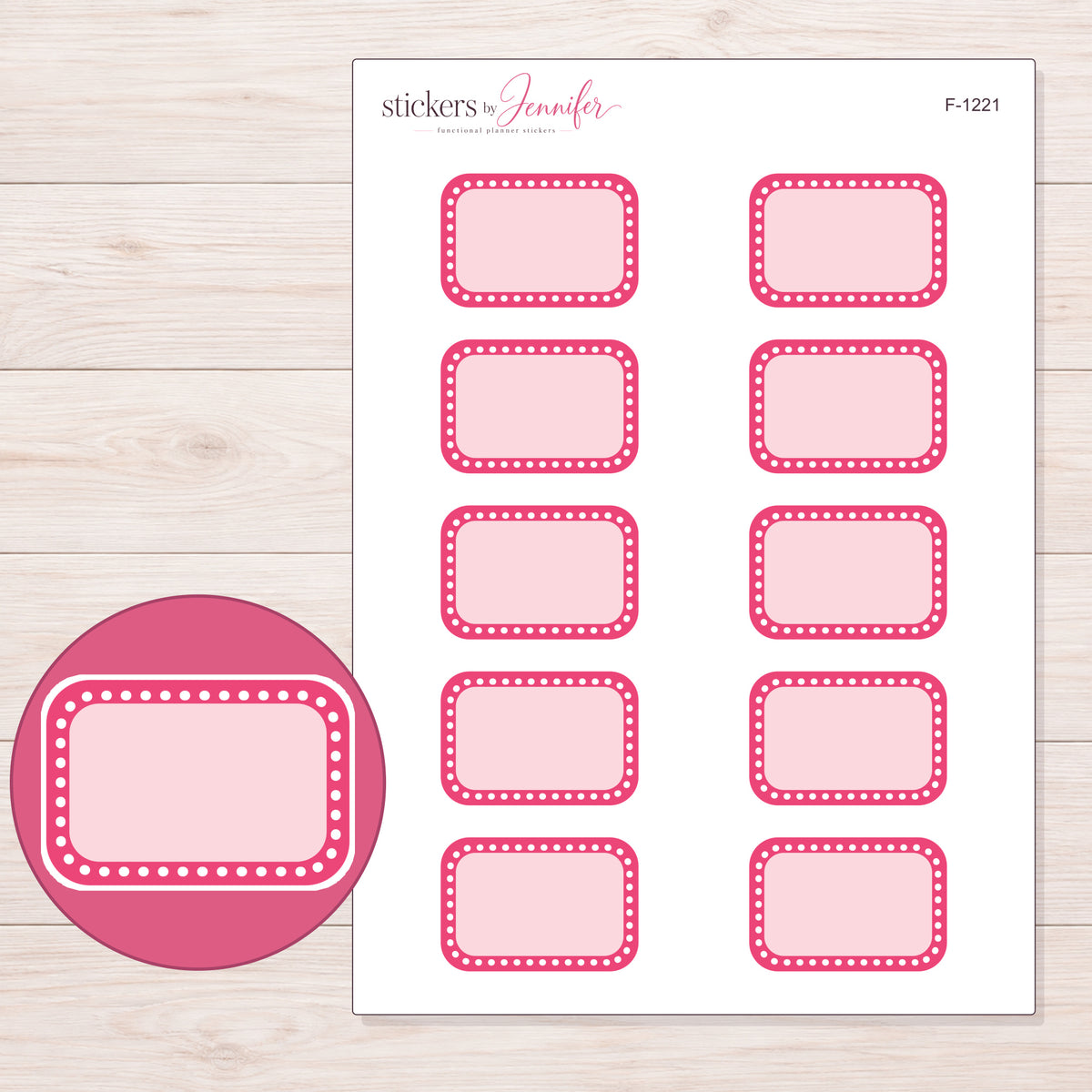 Pink Dotted Border Half Box Planner Stickers | F-1221 — 5 × 7 inch sheet and enlarged sticker detail
