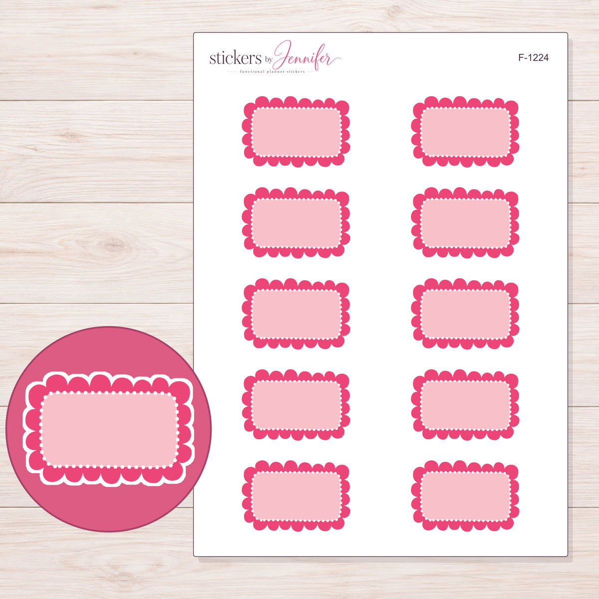 Pink Scallop and Dot Half Box Planner Stickers | F-1224 — 5 × 7 inch sheet and enlarged sticker detail