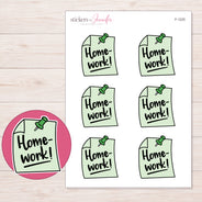 Green Homework Reminder Note Planner Stickers | F-1225 — 5 × 7 inch sheet and enlarged sticker detail