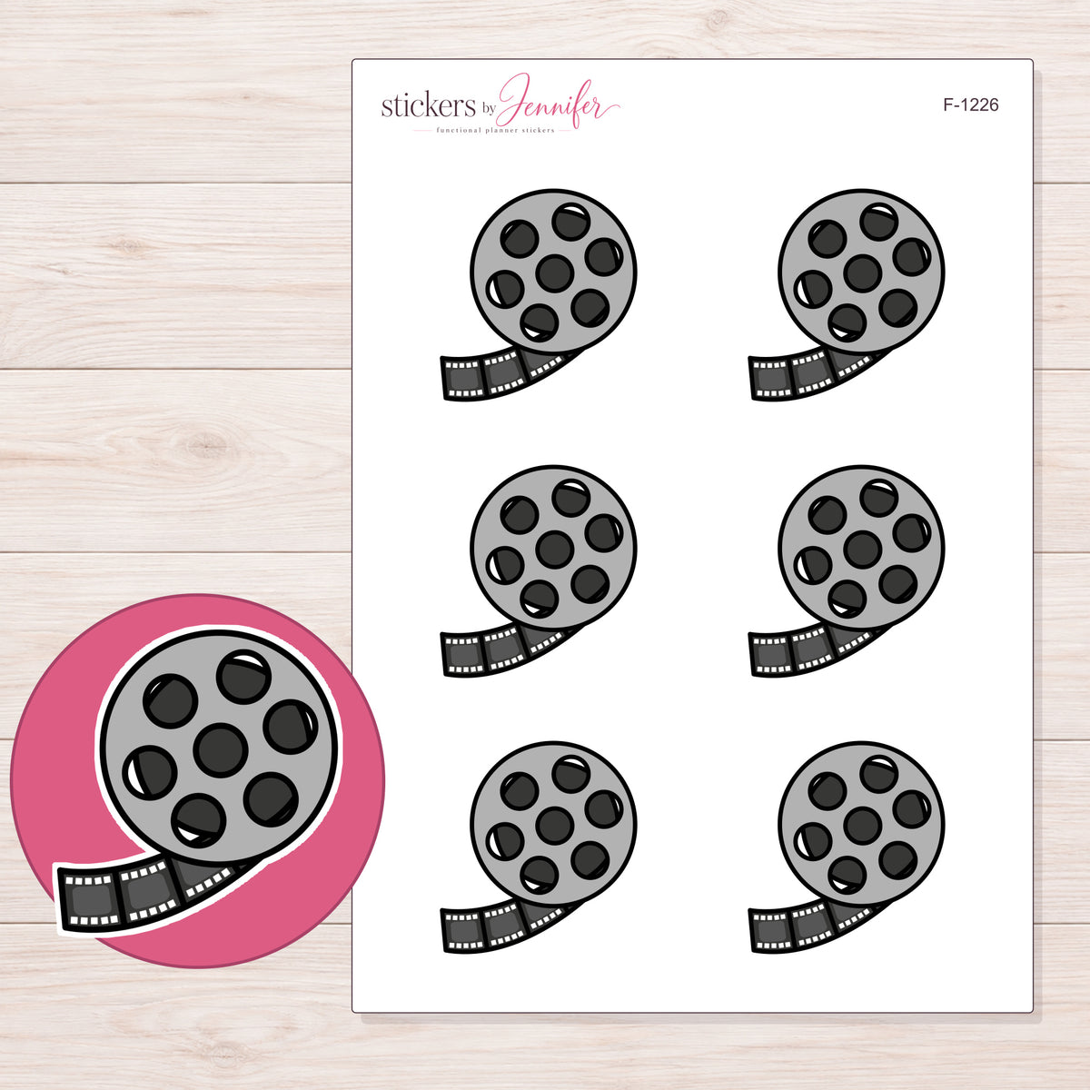 Film Reel Planner Stickers | F-1226 — 5 × 7 inch sheet and enlarged sticker detail