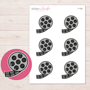 Film Reel Planner Stickers | F-1226 — 5 × 7 inch sheet and enlarged sticker detail