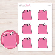Pink Pinned Note Planner Stickers | F-1230 — 5 × 7 inch sheet and enlarged sticker detail