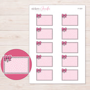 Pink Polka Dot Bow Half Box Planner Stickers | F-1231 — 5 × 7 inch sheet and enlarged sticker detail