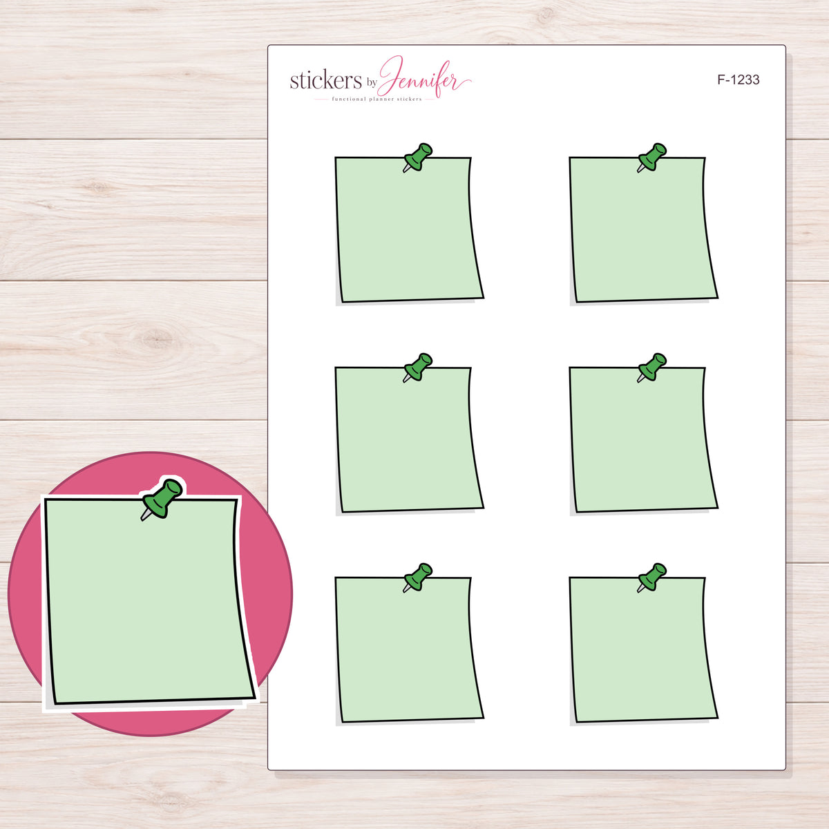 Green Pushpin Note Planner Stickers | F-1233 — 5 × 7 inch sheet and enlarged sticker detail