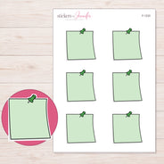 Green Pushpin Note Planner Stickers | F-1233 — 5 × 7 inch sheet and enlarged sticker detail