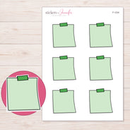 Green Top-Tape Note Planner Stickers | F-1234 — 5 × 7 inch sheet and enlarged sticker detail
