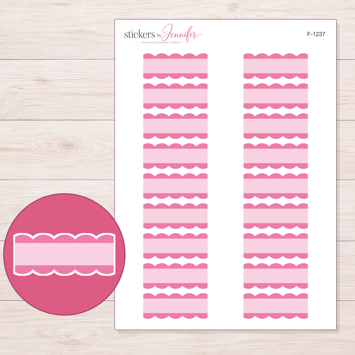 Pink Scallop Stripe Quarter Box Planner Stickers | F-1237 — 5 × 7 inch sheet and enlarged sticker detail