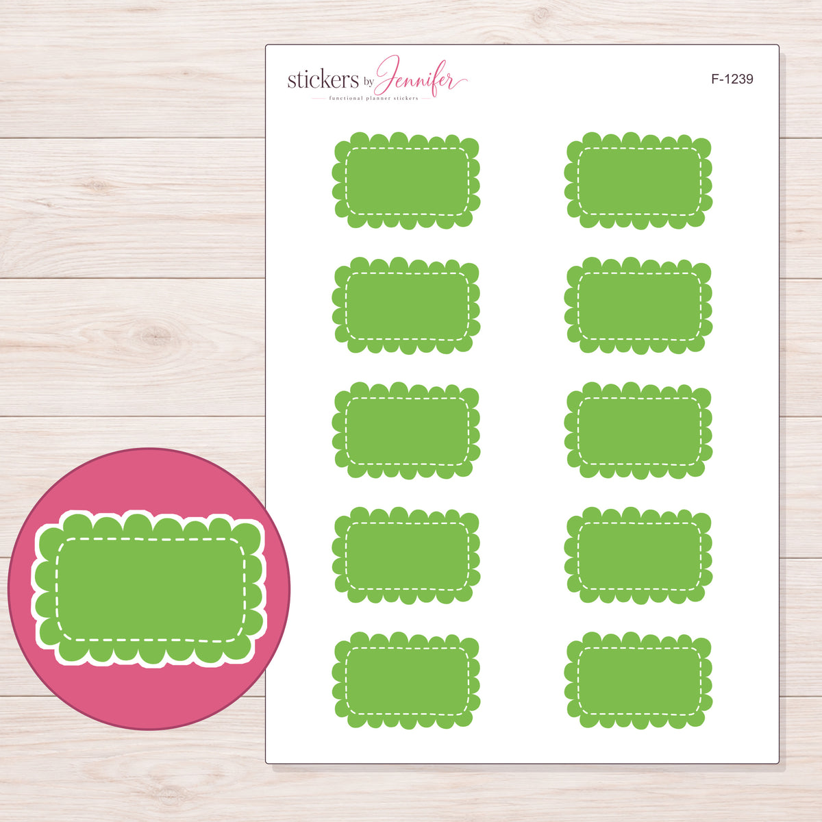 Green Scalloped Rectangle Label Planner Stickers | F-1239 — 5 × 7 inch sheet and enlarged sticker detail