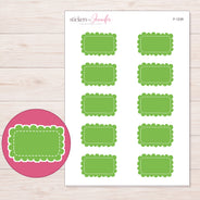 Green Scalloped Rectangle Label Planner Stickers | F-1239 — 5 × 7 inch sheet and enlarged sticker detail