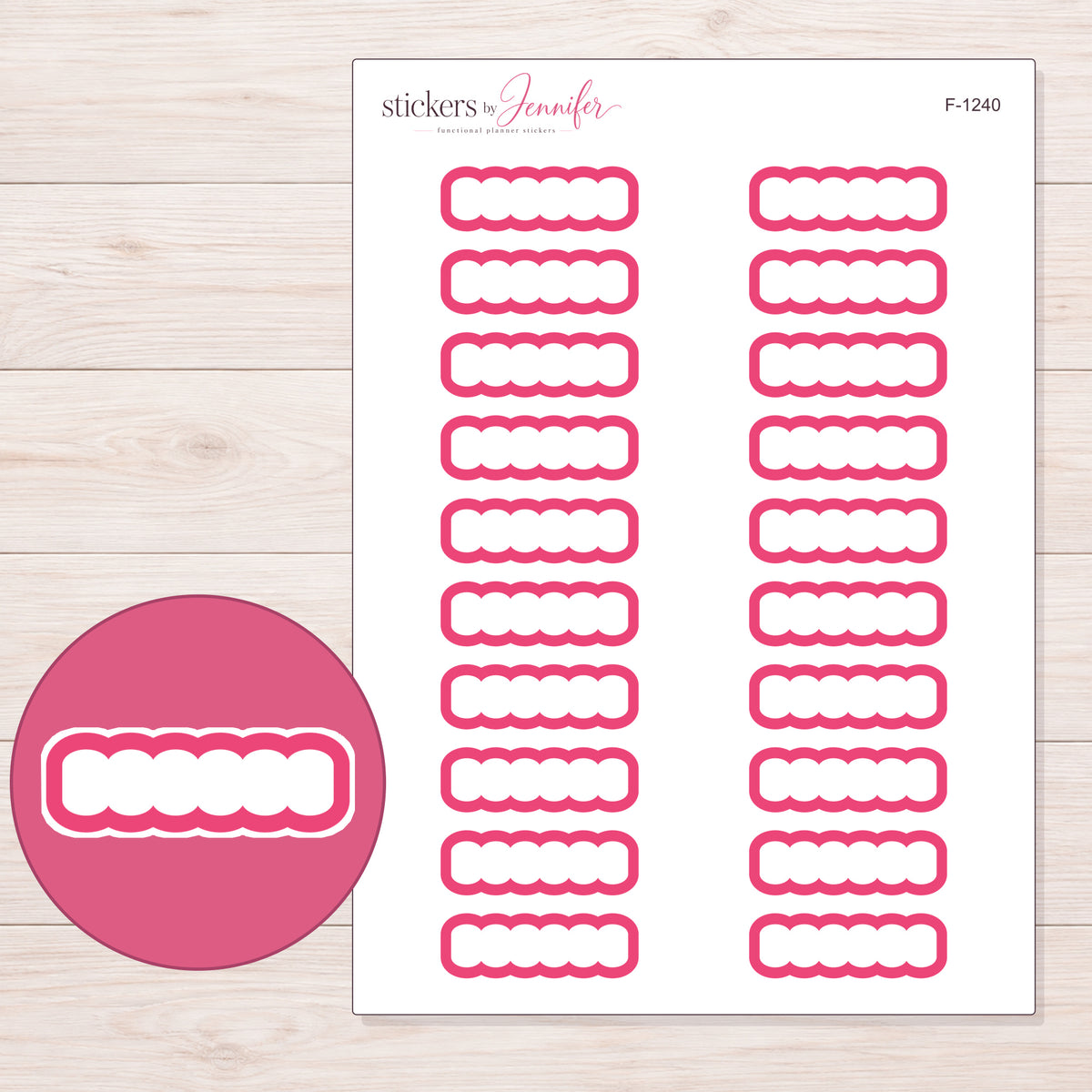 Pink Outline Scallop Quarter Box Planner Stickers | F-1240 — 5 × 7 inch sheet and enlarged sticker detail