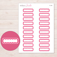 Pink Outline Scallop Quarter Box Planner Stickers | F-1240 — 5 × 7 inch sheet and enlarged sticker detail