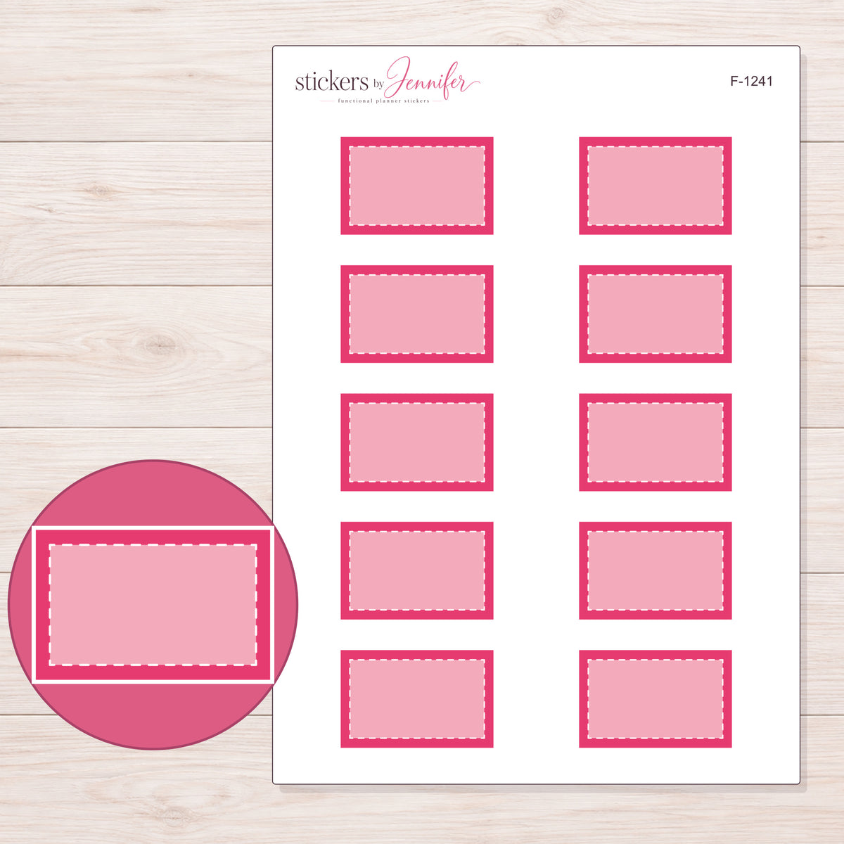 Pink Square-Corner Stitched Half Box Planner Stickers | F-1241 — 5 × 7 inch sheet and enlarged sticker detail