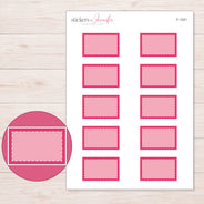 Pink Square-Corner Stitched Half Box Planner Stickers | F-1241 — 5 × 7 inch sheet and enlarged sticker detail