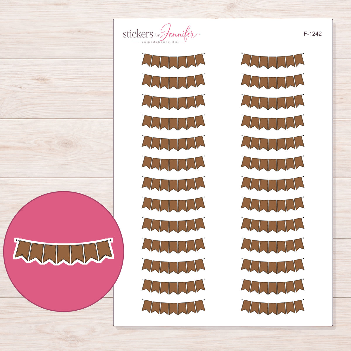 Brown Stitched Pennant Bunting Planner Stickers | F-1242 — 5 × 7 inch sheet and enlarged sticker detail