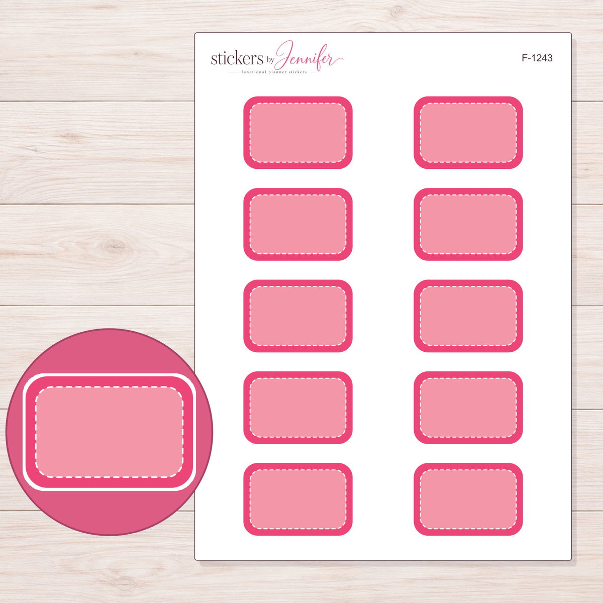 Pink Rounded Stitched Half Box Planner Stickers | F-1243 — 5 × 7 inch sheet and enlarged sticker detail