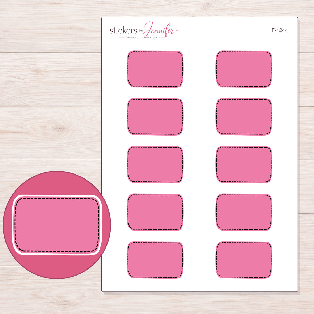 Pink Dark-Stitch Half Box Planner Stickers | F-1244 — 5 × 7 inch sheet and enlarged sticker detail