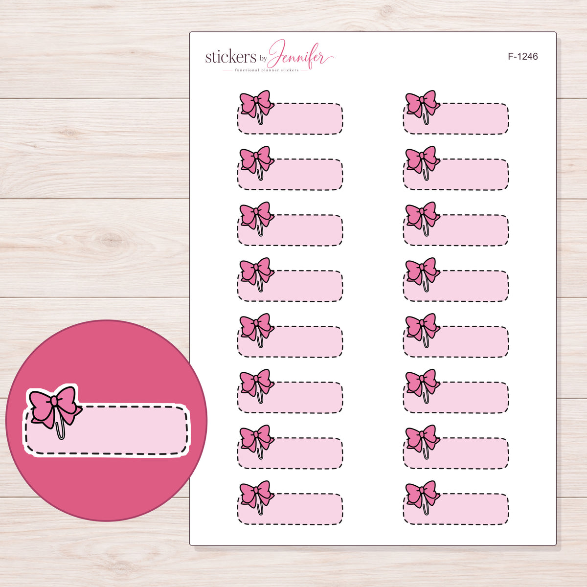Pink Stitched Bow Quarter Box Planner Stickers | F-1246 — 5 × 7 inch sheet and enlarged sticker detail