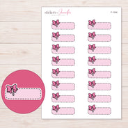 Pink Stitched Bow Quarter Box Planner Stickers | F-1246 — 5 × 7 inch sheet and enlarged sticker detail