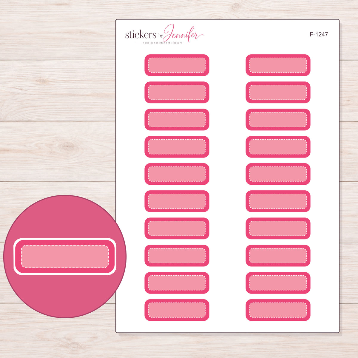 Pink Pale-Center Stitched Quarter Box Planner Stickers | F-1247 — 5 × 7 inch sheet and enlarged sticker detail