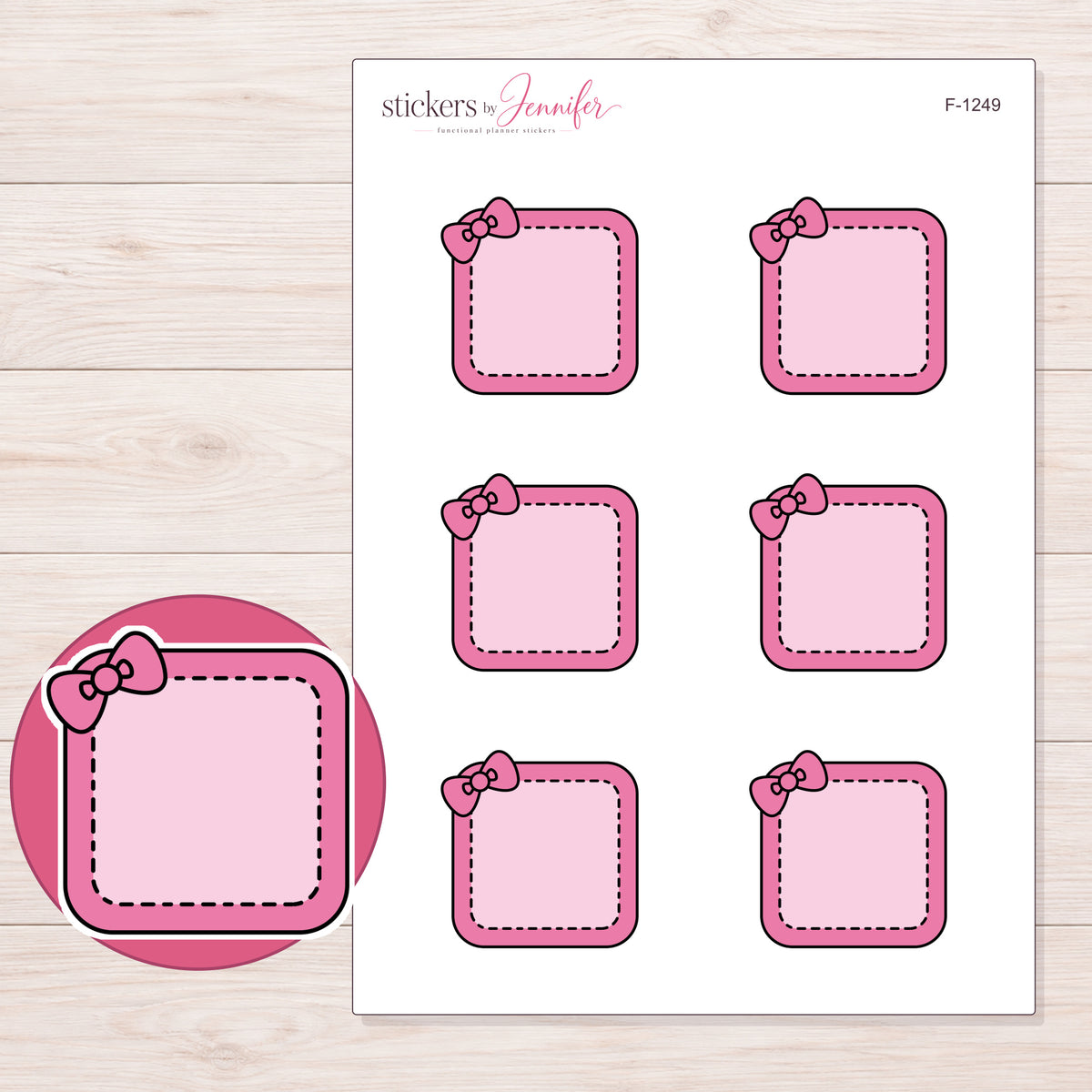 Pink Stitched Square Bow Label Planner Stickers | F-1249 — 5 × 7 inch sheet and enlarged sticker detail