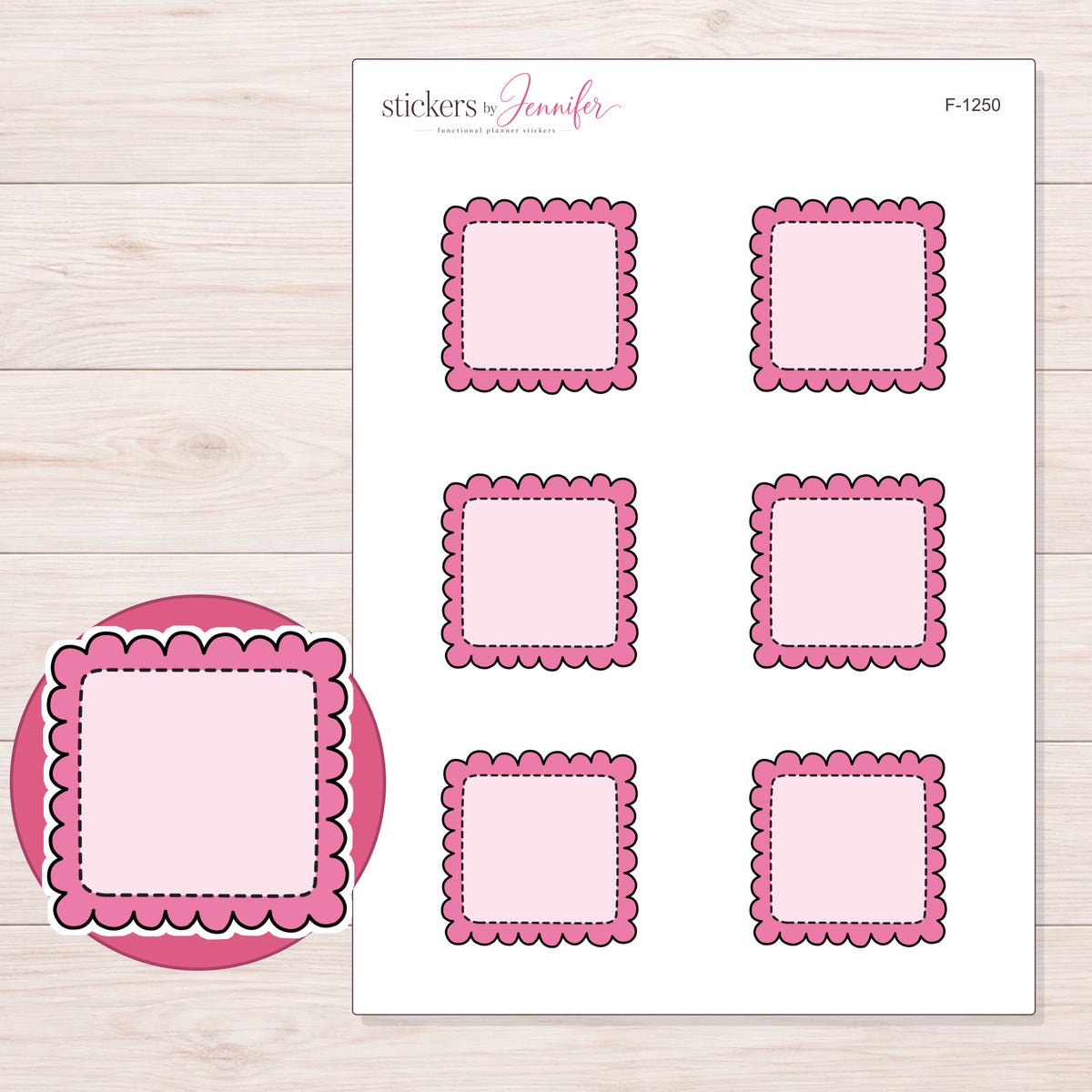 Pink Scalloped Stitched Square Planner Stickers | F-1250 — 5 × 7 inch sheet and enlarged sticker detail