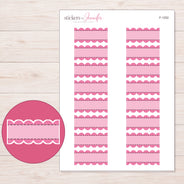 Pink Stitched Scallop Stripe Label Planner Stickers | F-1252 — 5 × 7 inch sheet and enlarged sticker detail