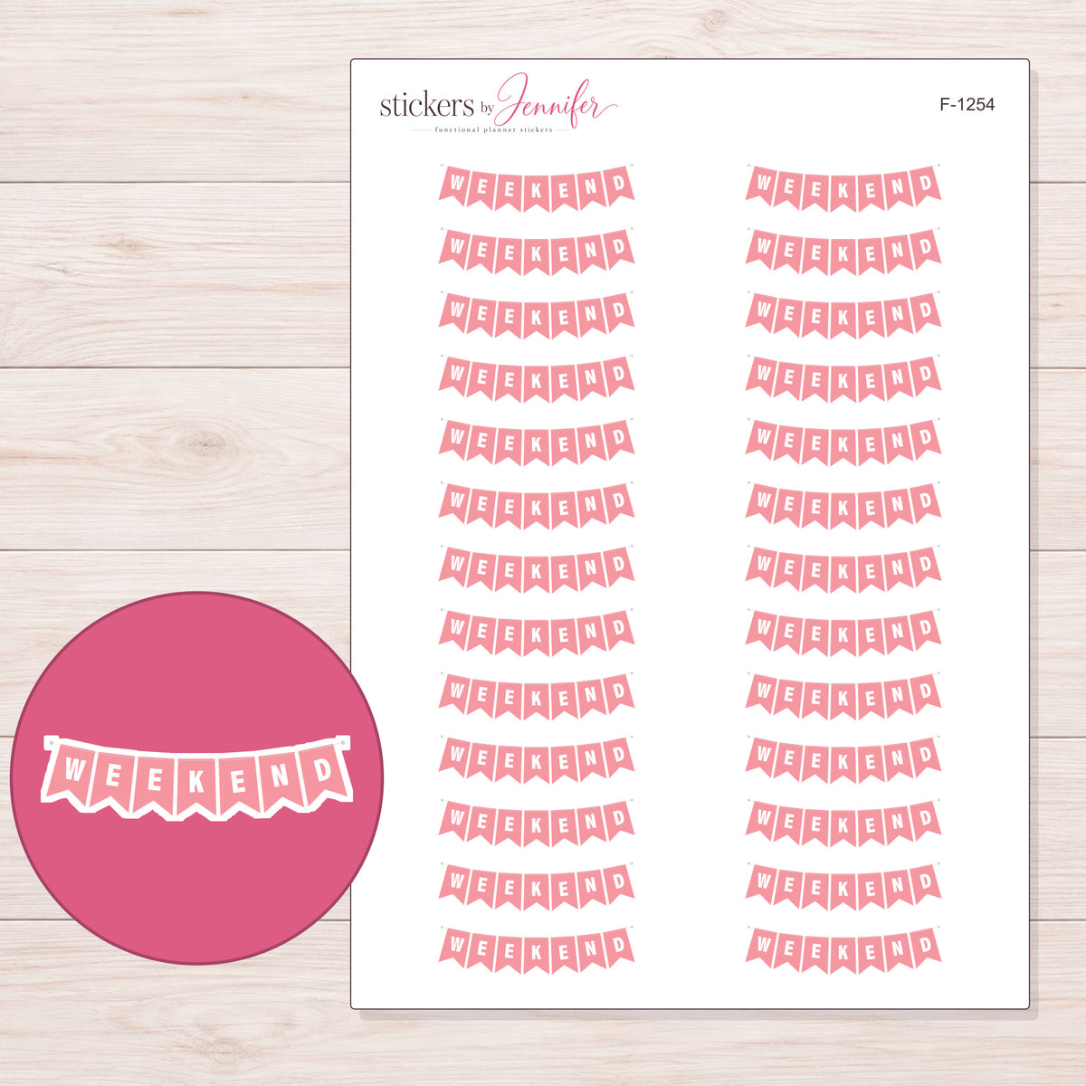 Pink Weekend Pennant Banner Planner Stickers | F-1254 — 5 × 7 inch sheet and enlarged sticker detail